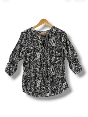 Dalia Blouse Top Medium Black Cream Roll Tab Sleeves